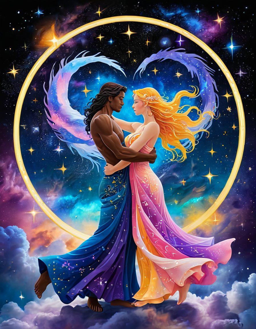 A celestial-themed romantic scene featuring the twelve zodiac signs as ethereal figures intertwined in a cosmic dance amid stars and colorful nebulae. Each zodiac symbol shining with its unique constellation, showcasing their distinct personalities and traits in love. Incorporate subtle heart shapes and glowing auras to represent intimacy and connection. The background should be a stunning night sky filled with galaxies and shooting stars. vibrant colors. cosmic art.