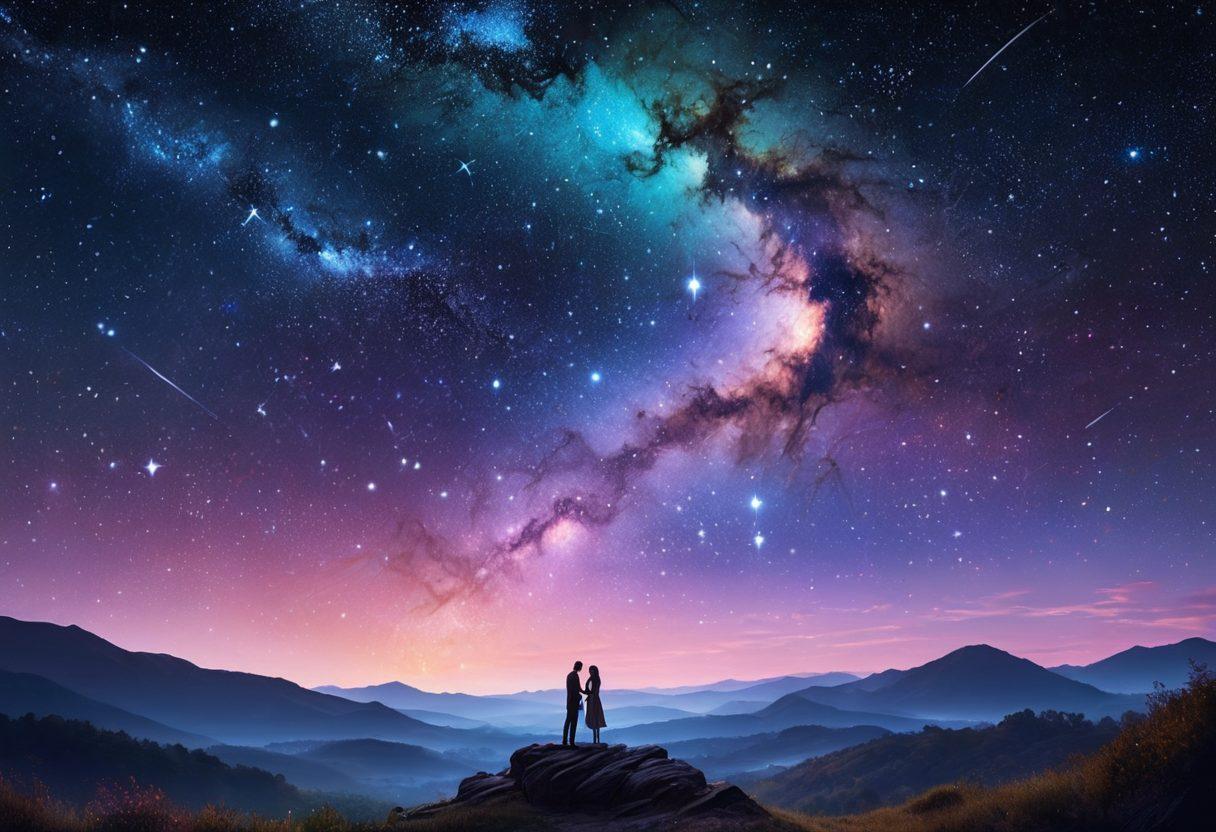 A mystical night sky filled with brightly shining constellations intertwined with ethereal hearts representing love and devotion. Below, a serene landscape where a couple gazes upward, their silhouettes framed by soft glowing stardust. Incorporate celestial elements like zodiac symbols and planets. surrealism. vibrant colors. starry background.