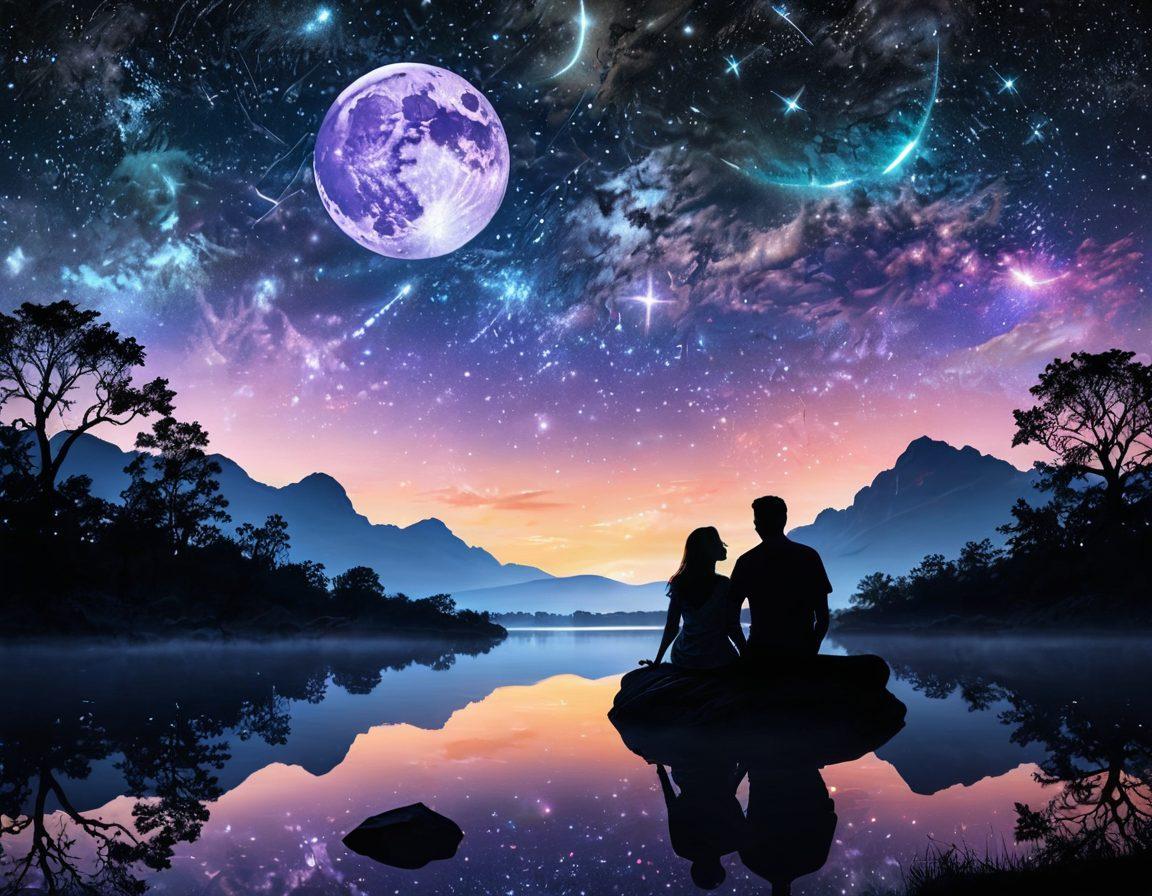 A mystical night sky filled with constellations and zodiac signs interconnected with glowing threads of light, set above a couple gazing at the stars from a serene landscape. Their silhouettes represent different astrological signs, surrounded by soft, ethereal colors to evoke a sense of romance and passion. Sprinkled with twinkling stars and a full moon illuminating their gentle expressions. super-realistic. vibrant colors. dreamy atmosphere.